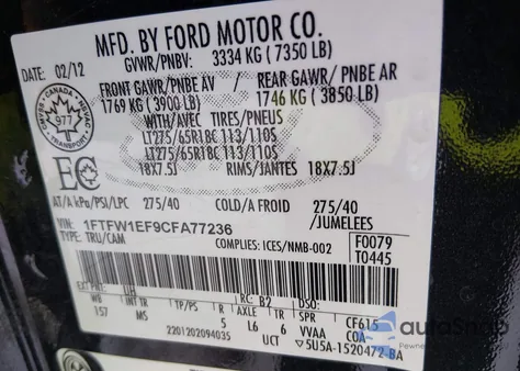 2012 Ford F-150 Xlt z USA, uszkodzony, nr VIN 1FTFW1EF9CFA77236